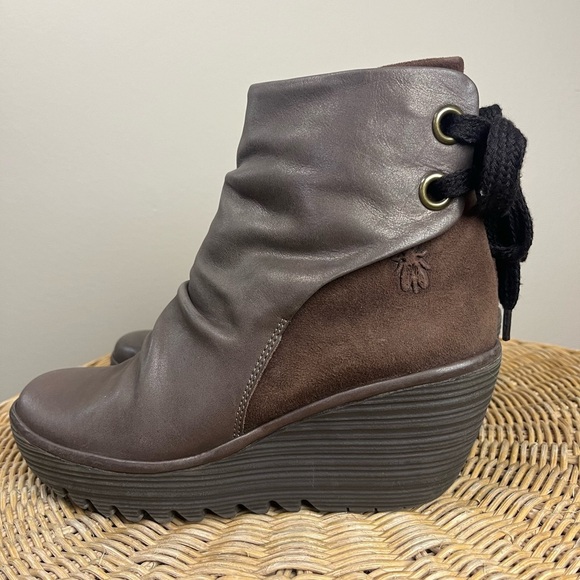 Fly London Yama Brown Suede & Leather Wedge Ankle Boots - Picture 1 of 12